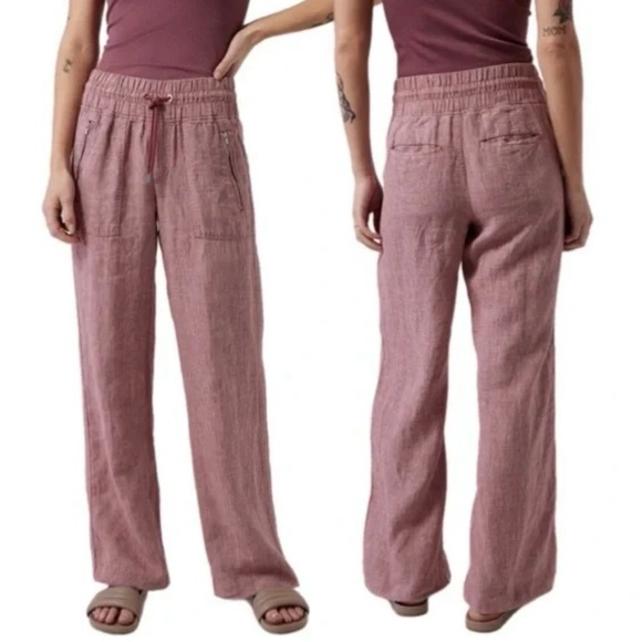 Athleta Pants - Athleta Cabo Linen Wide Leg Pants 100% Linen Tawny Rose Pink Drawstring Size 28